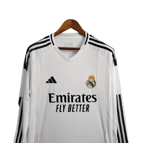 Camisa Real Madrid I Home 2024/25 Torcedor Manga Longa Masculina Branco